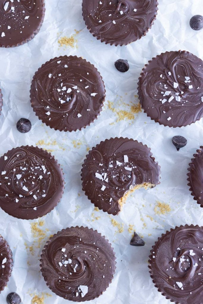 An overhead shot is used to show peanut butter cups on the counter..