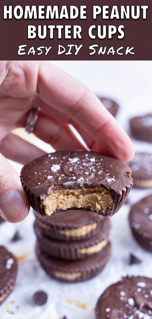 A bite is taken out of a homemade peanut butter cup.