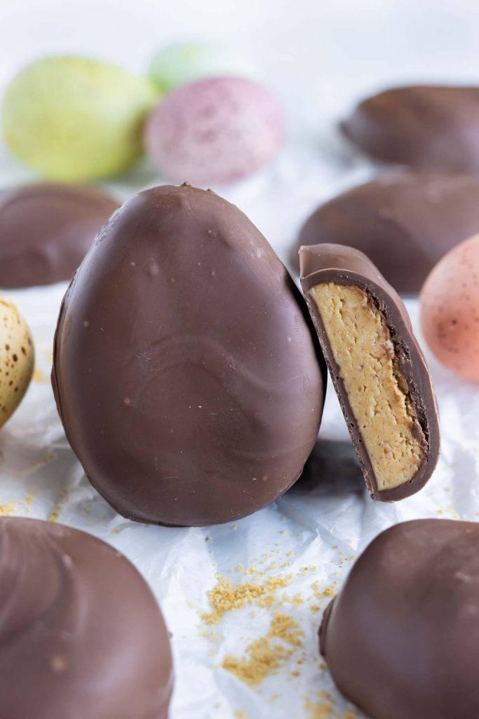 Peanut butter eggs are shown on the counter for a homemade Easter treat.