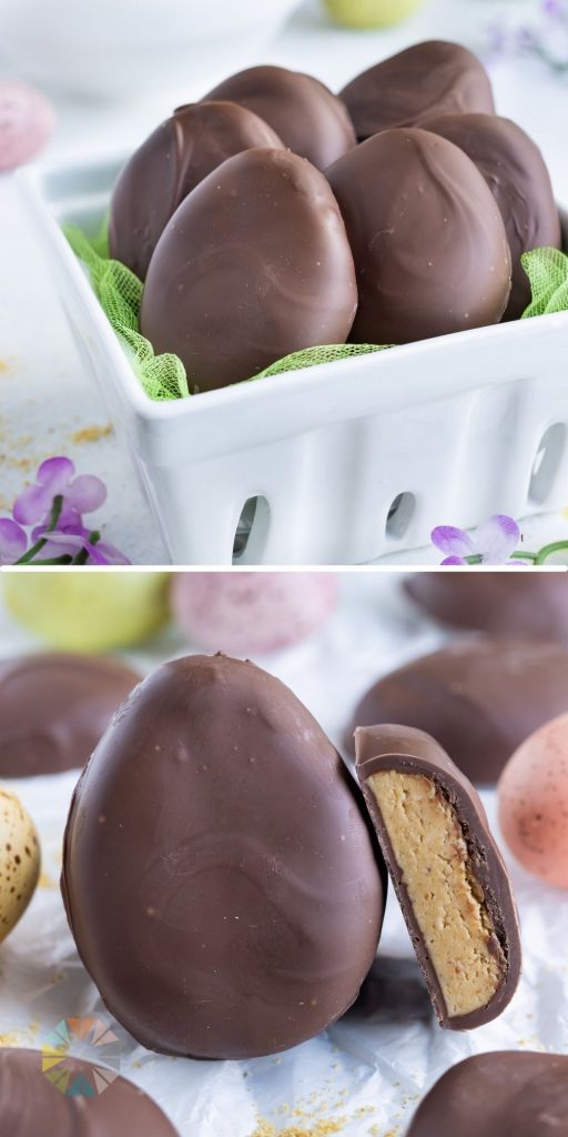 Peanut butter eggs are shown on the counter for a homemade Easter treat.