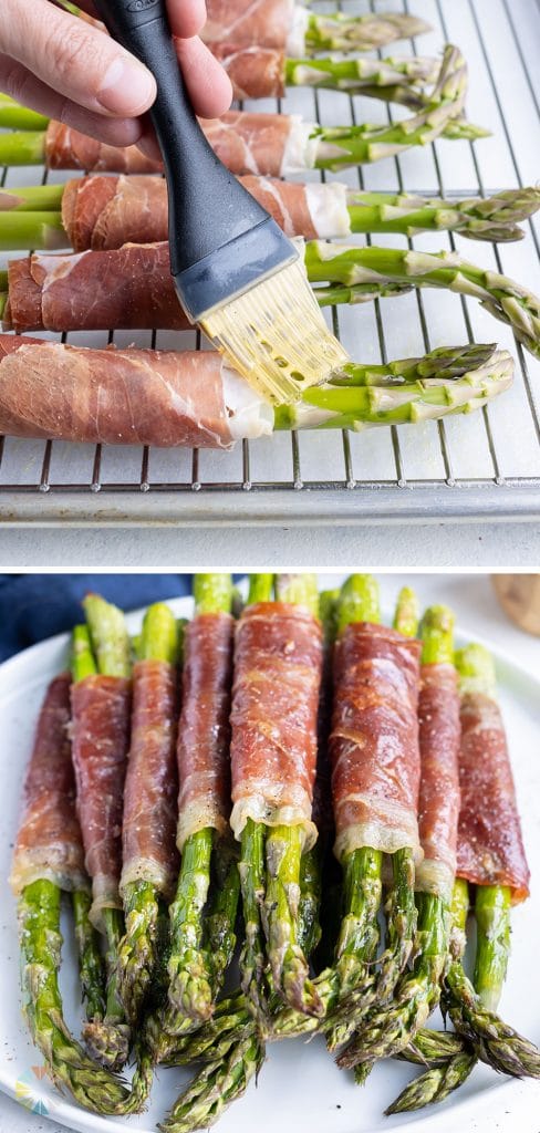 Bundles of prosciutto-wrapped asparagus are served on a white plate.