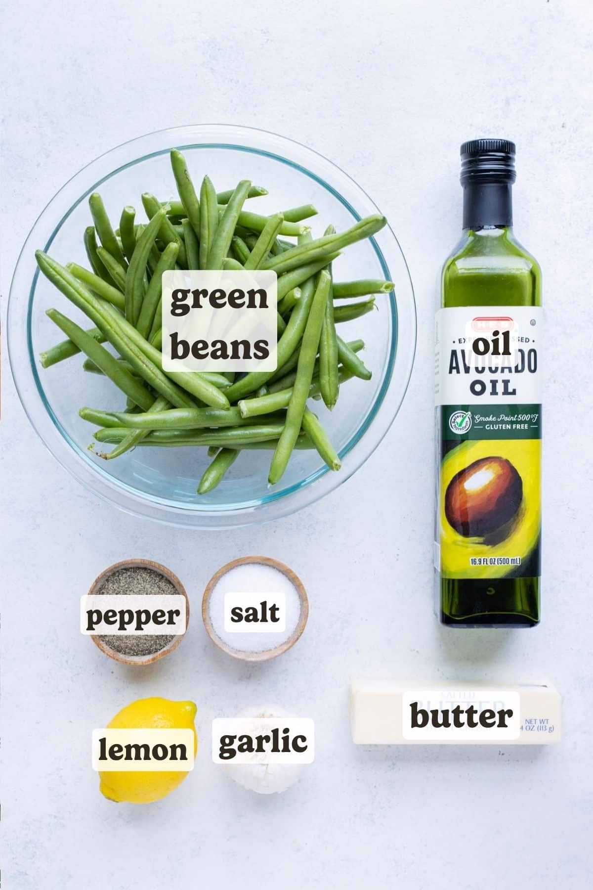 Green beans, oil, butter, garlic, salt, pepper, and lemon juice are the ingredients for this sauteed green bean recipe.