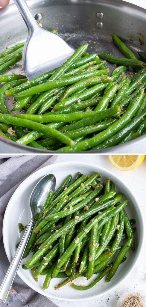 Sautéed green beans are served with a spoon from a white bowl.