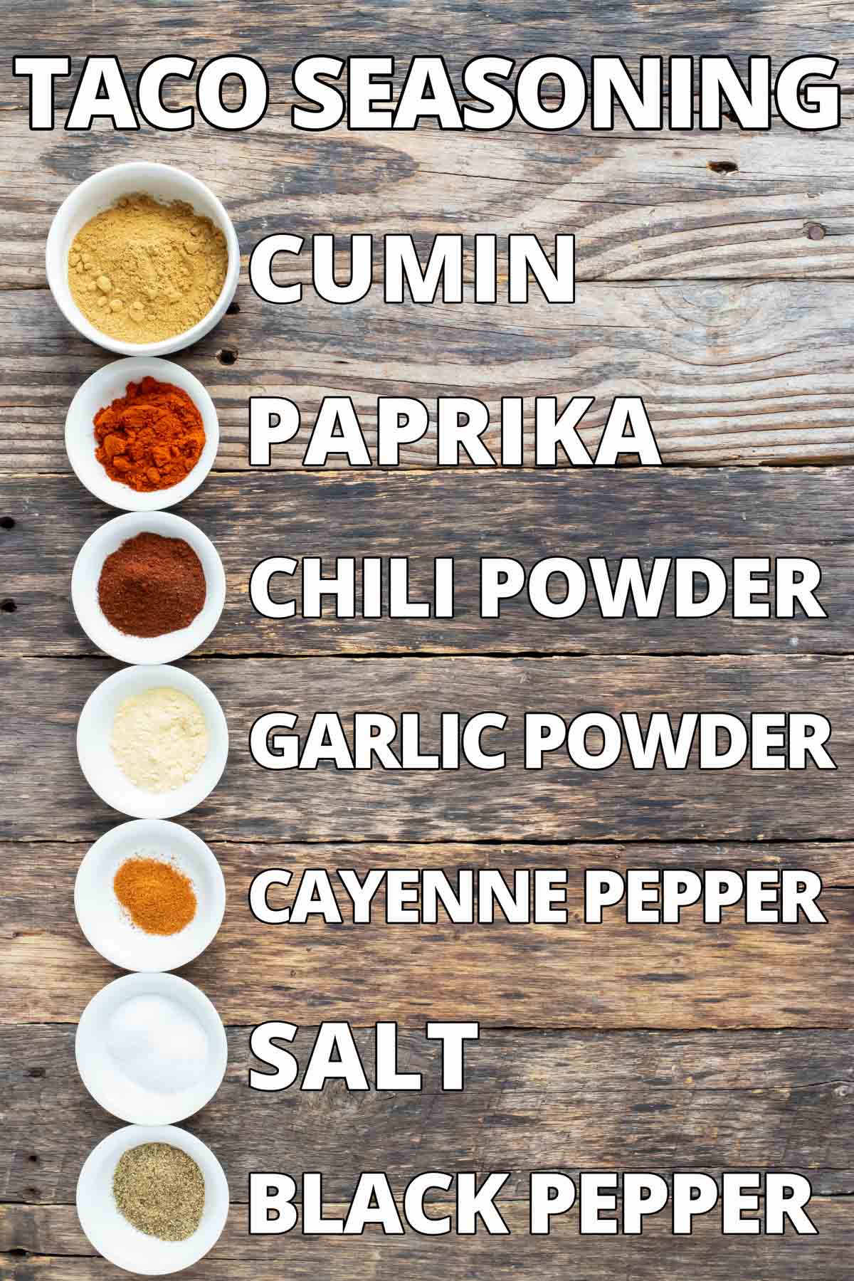 Taco seasoning ingredients on a wooden backdrop showing what is in taco seasoning mix.