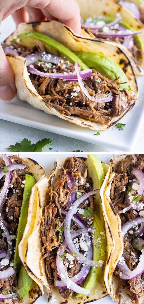 Barbacoa tacos are served for Mexican dish.