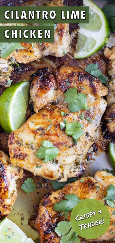 Quick and easy cilantro lime chicken is served on a white plate on the counter.