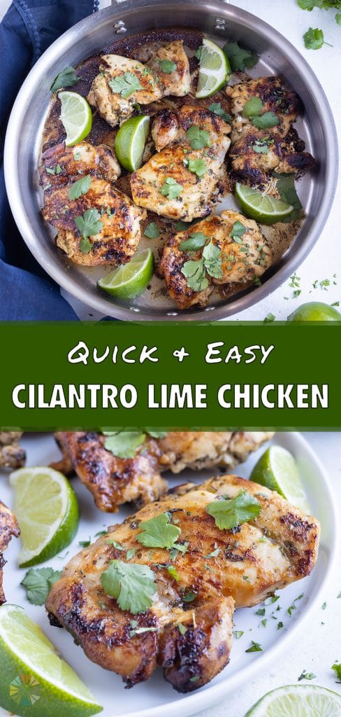 Chicken thighs marinaded in cilantro lime are shown on a white plate.