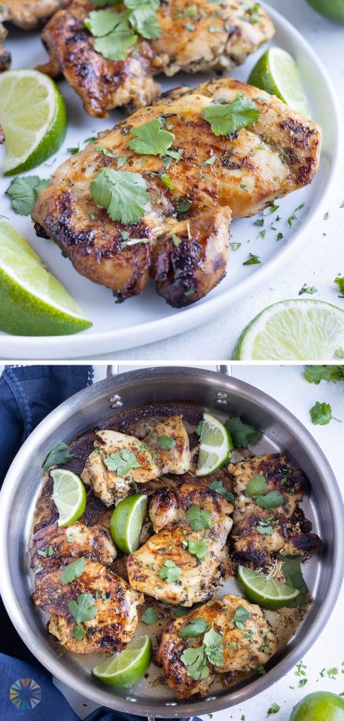 Fresh limes and cilantro are served with chicken thighs.