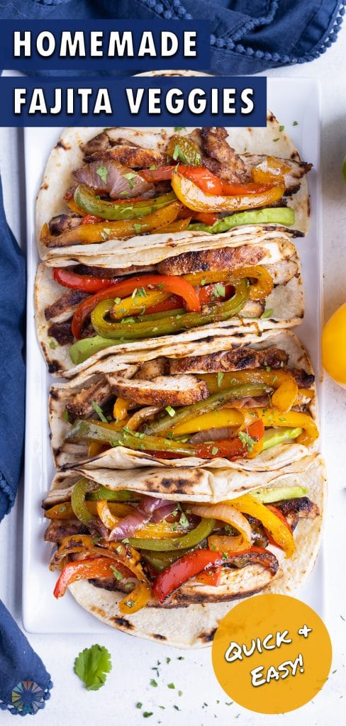 Tacos are topped with tender and flavorful fajita veggies.