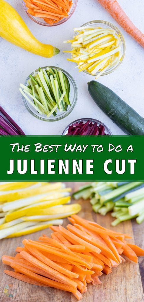 All types of julienne vegetables are shown on a cutting board.