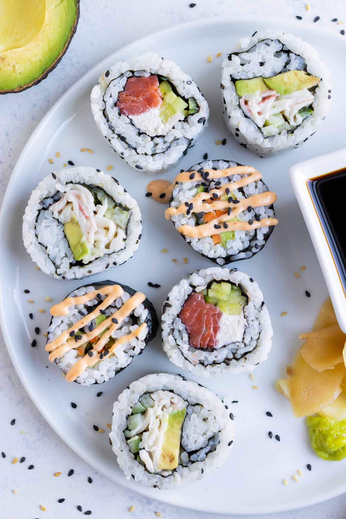 A plate is used to serve homemade sushi rolls.