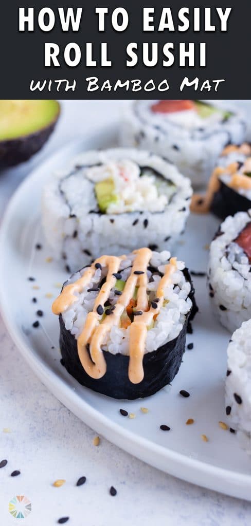 A close up picture is used to show homemade sushi rolls.