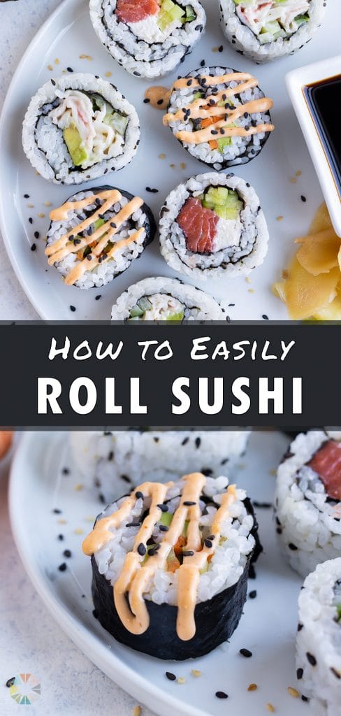 A plate is filled with homemade sushi rolls and dipping sauce.