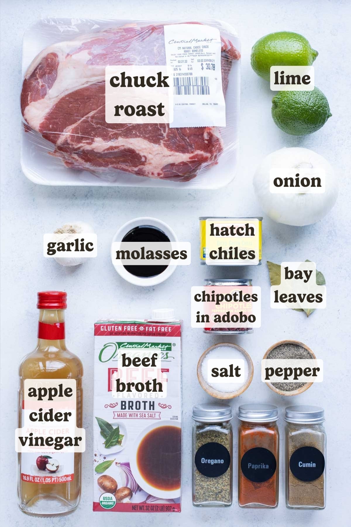 Beef, limes, onion, beef broth, vinegar, molasses, seasoning, green chilis, and garlic are the ingredients for beef barbacao.