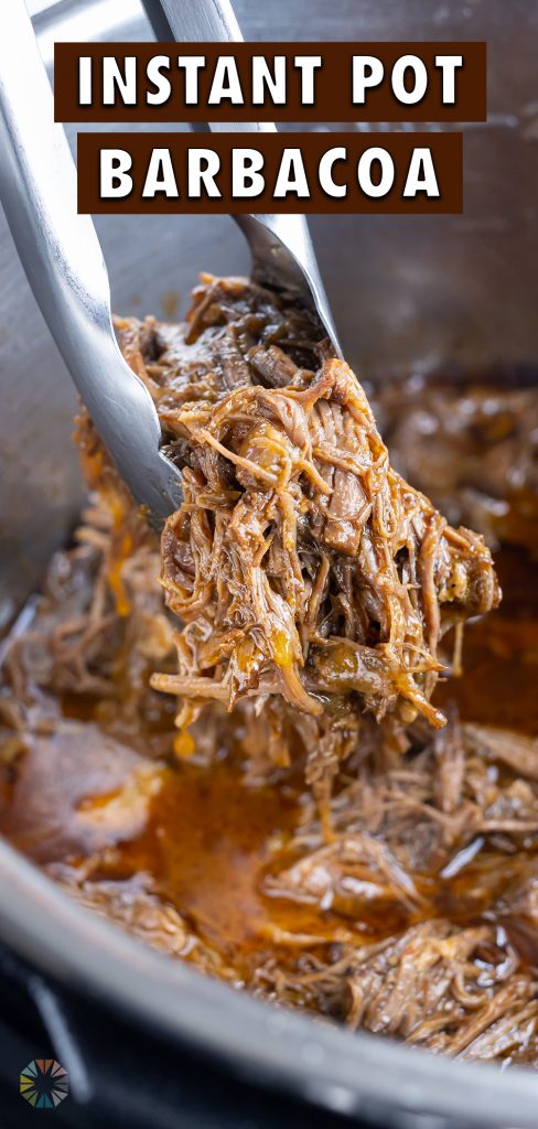 Shredded Mexican beef is removed from the pressure cooker with tongs.