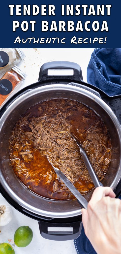 Mexican beef is removed from the instant pot with tongs.