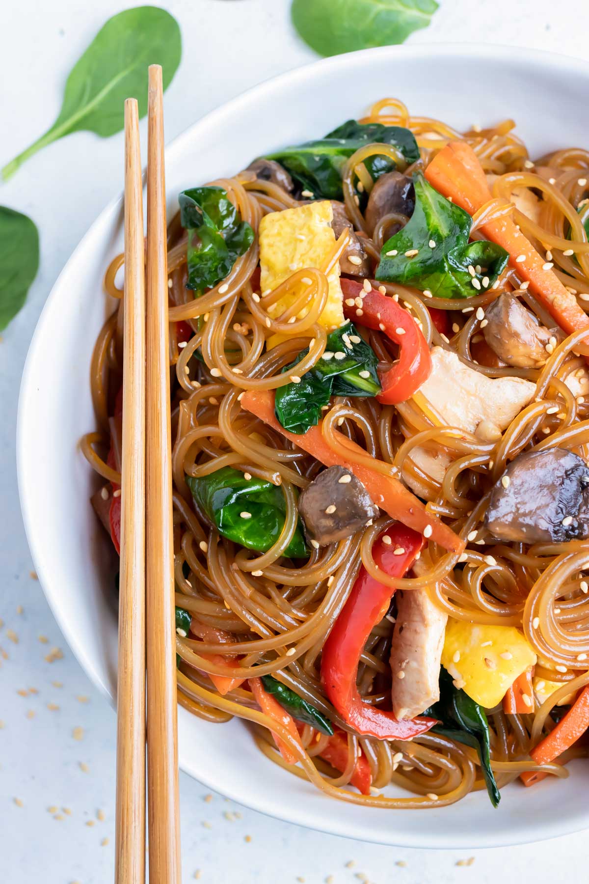 Japchae is served in a bowl for a healthy, Korean-inspired dinner.