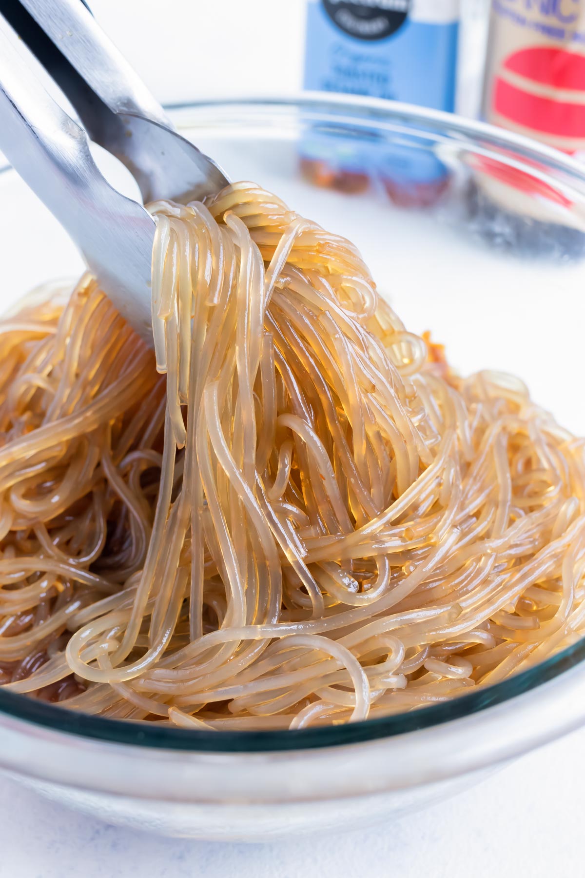 Glass noodles are mixed with the sauces for this recipe.