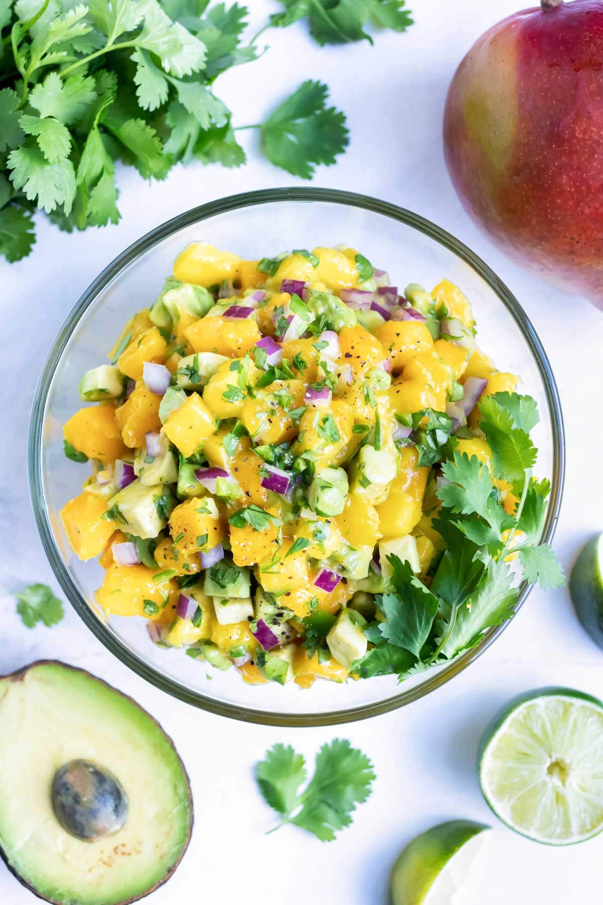 A big bowl of fresh mango salsa with avocado and cilantro.