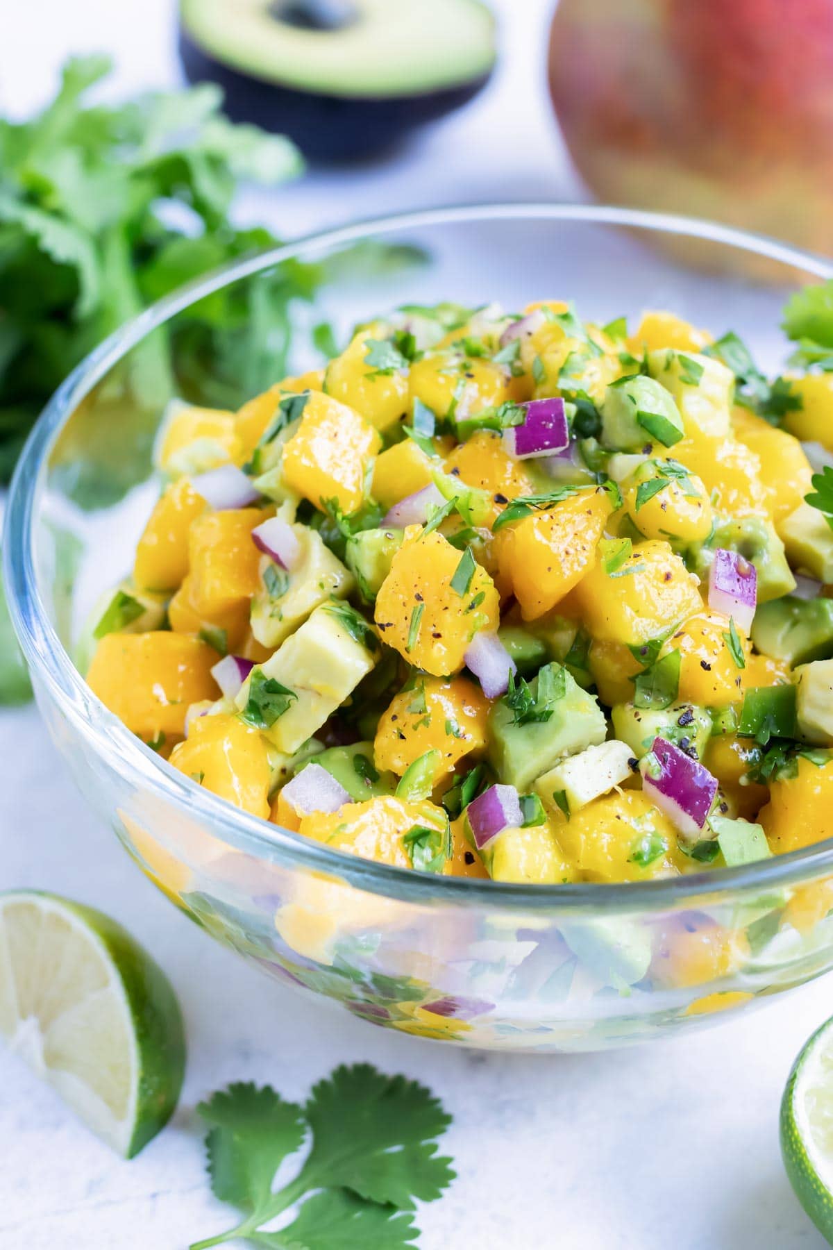 A bowl full of mango salsa with chunks of avocado, cilantro, red onion, and lime juice.