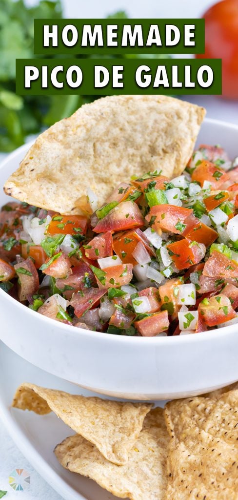 Chips are served along side a bowl of fresh and colorful pico.