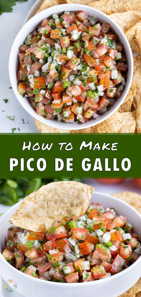 A tortilla chip is set inside the bowl of healthy pico de gallo.