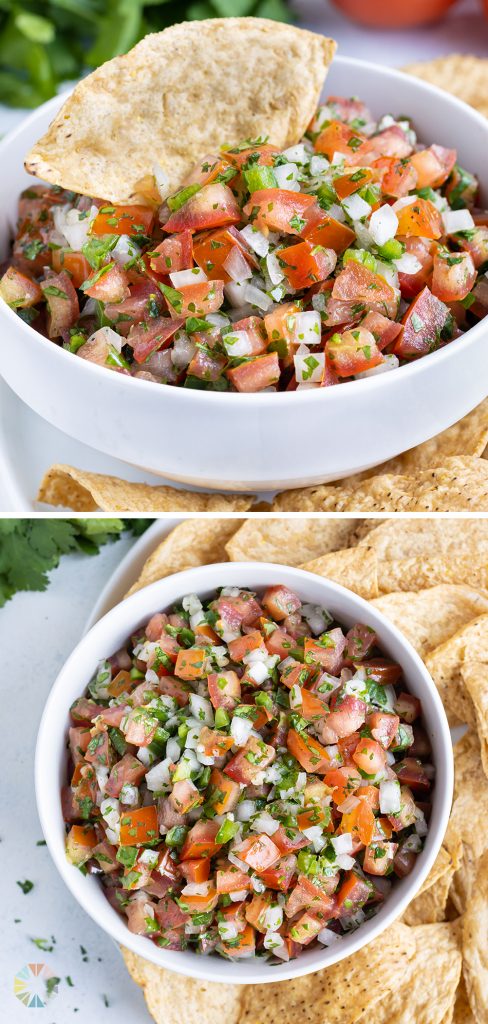 Pico de gallo is served with tortilla chips for a healthy Mexican appetizer.