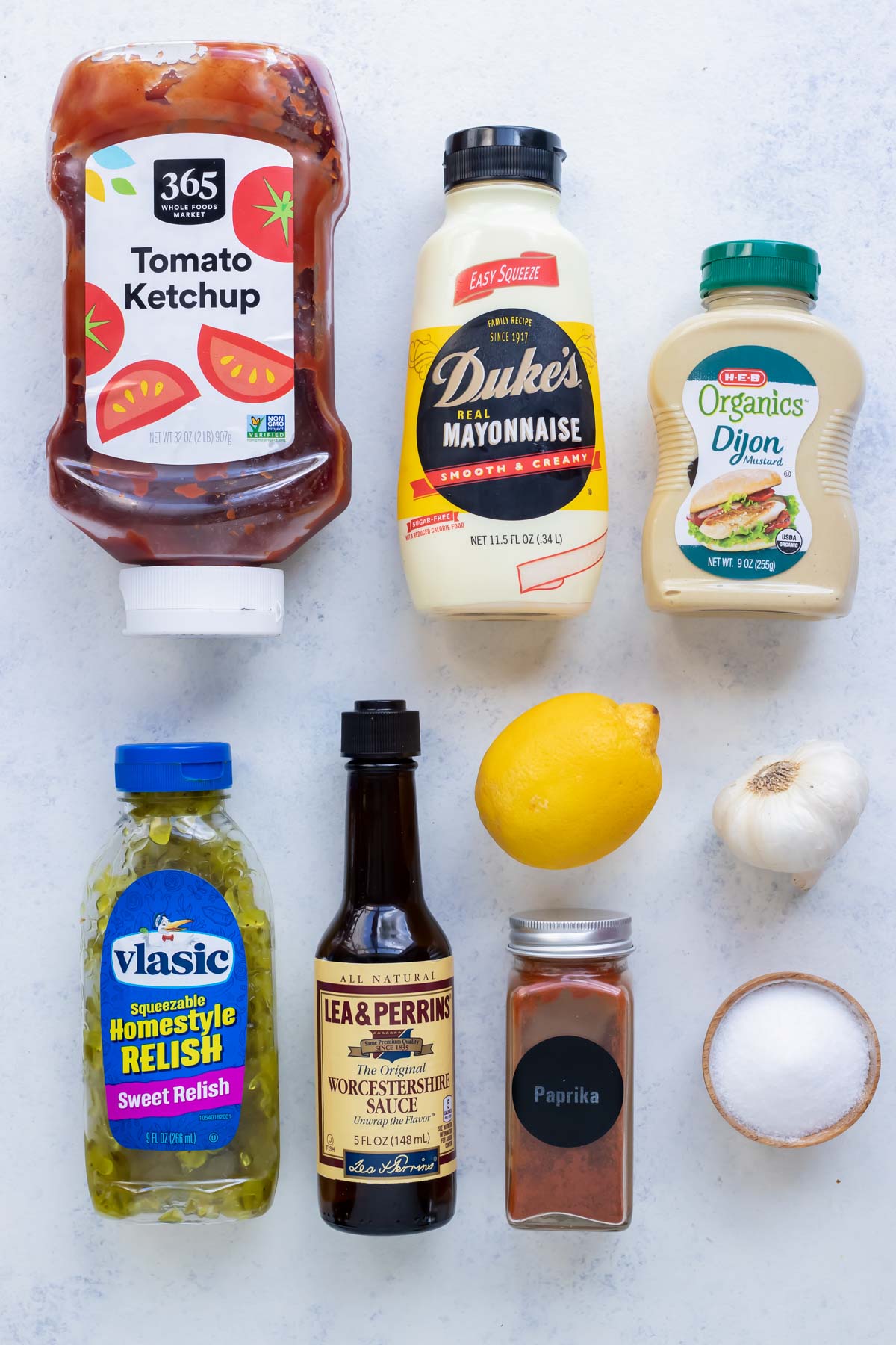 Mayo, ketchup, mustard, worcestershire, relish, salt, lemon juice, and seasonings are the ingredients in this recipe.