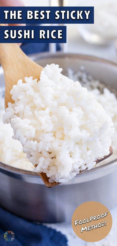 A wooden spatula is used to serve sticky rice.