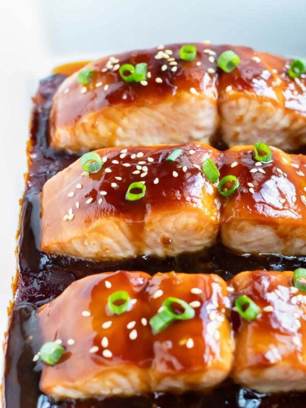 Sticky and sweet teriyaki salmon is baked until tender.