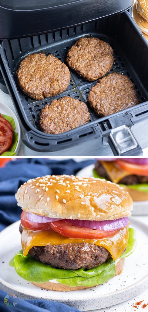 Hamburgers are quickly cooked in an air fryer.