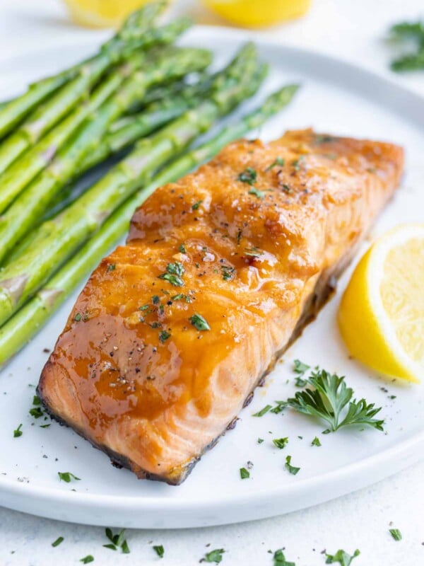 Air Fryer Salmon is plated after cooking in the air fryer.