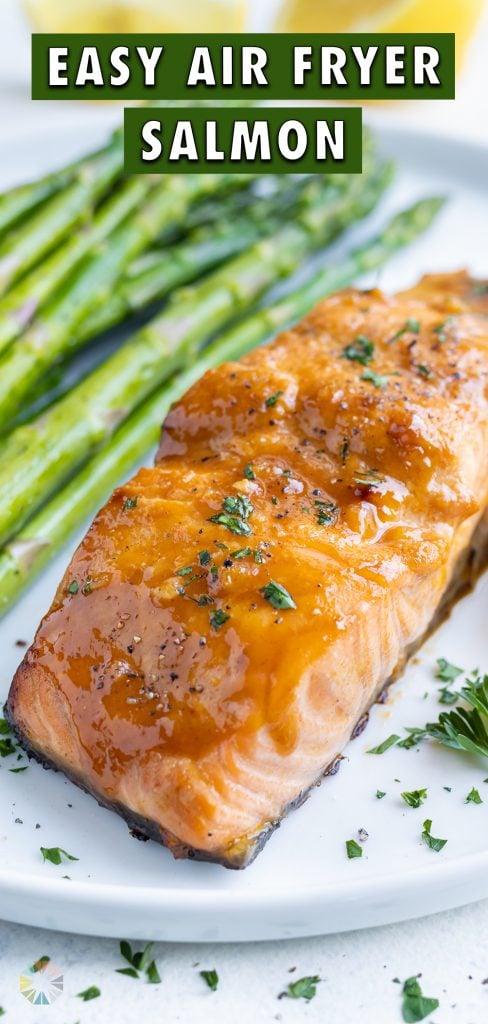Glazed salmon is served for a spring meal after cooking in the air fryer.