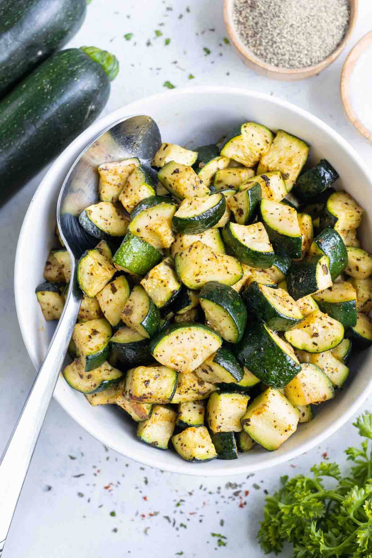 An overhead shot of a delicious bowl of Air Fryer Zucchini.