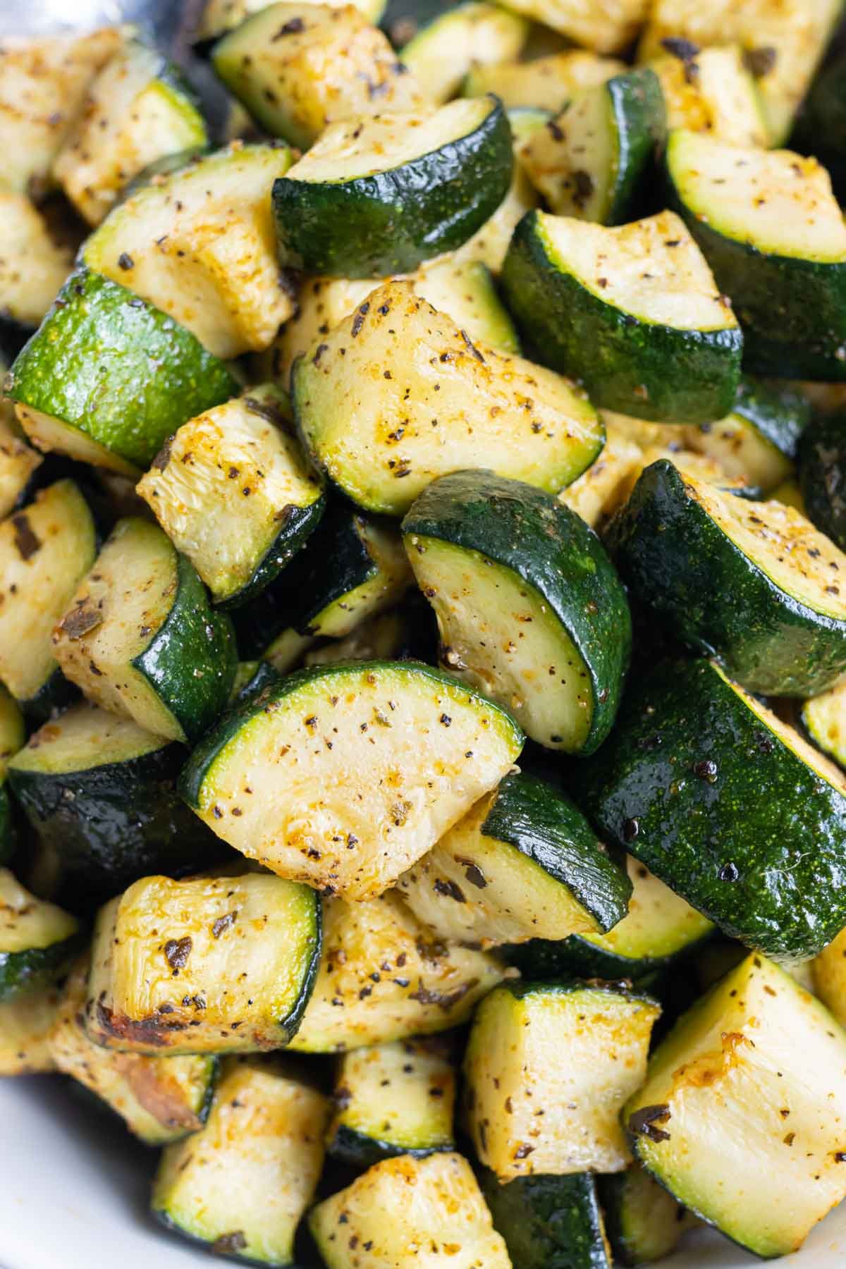 A close up view of perfectly cooked zucchini to serve as a healthy side dish.