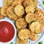 Fried zucchini chips are served on a white plate for an appetizer.