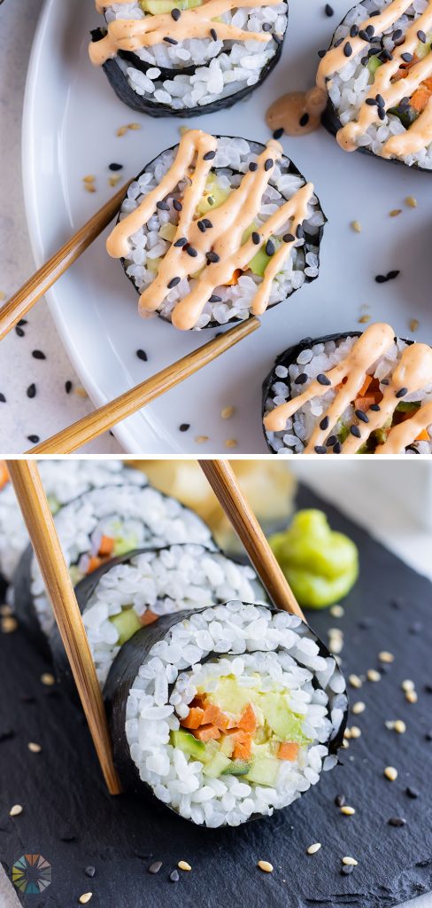 Chopsticks are used to hold up a homemade avocado roll.