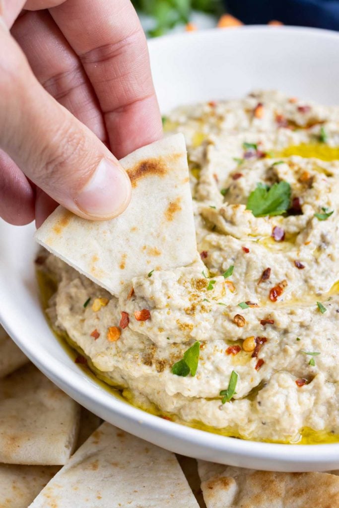 Homemade eggplant dip is healthy and delicious.