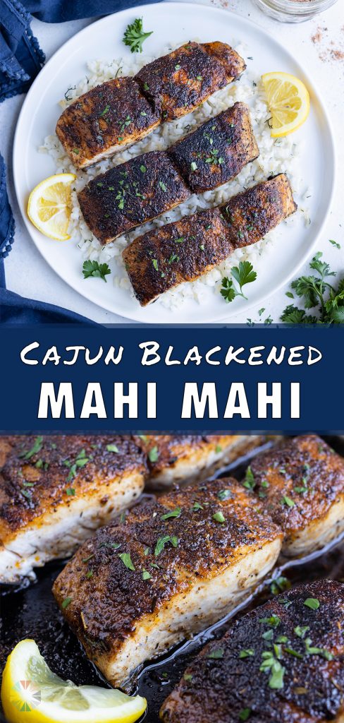 Three pieces of blackened Mahi mahi are served with white rice.