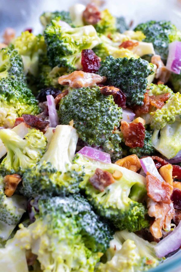Broccoli bacon salad with a creamy mayo and yogurt dressing with walnuts and cranberries.