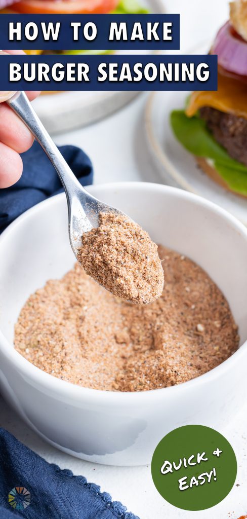 Burger seasoning is dished with a spoon from a bowl.