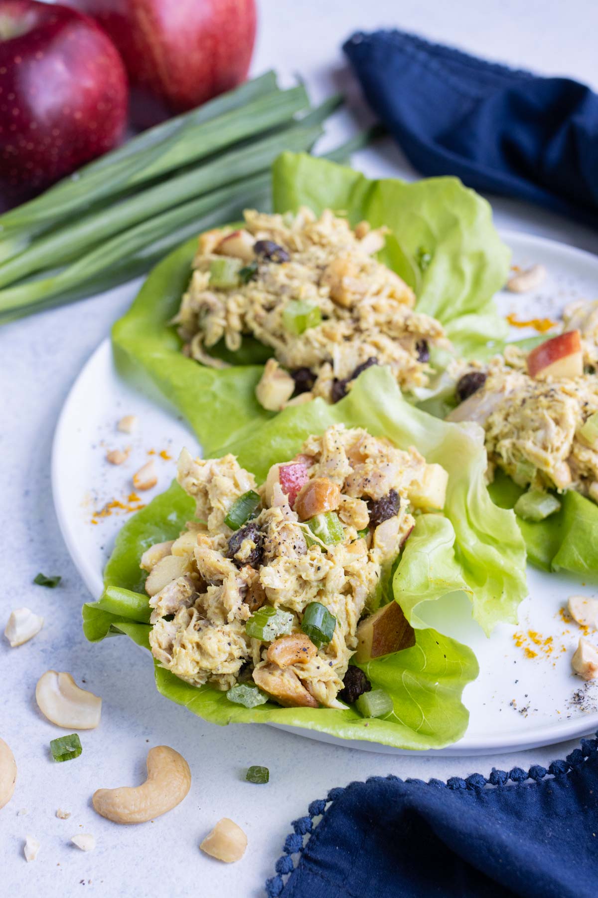 Curry chicken salad is served inside lettuce for a low-carb meal.