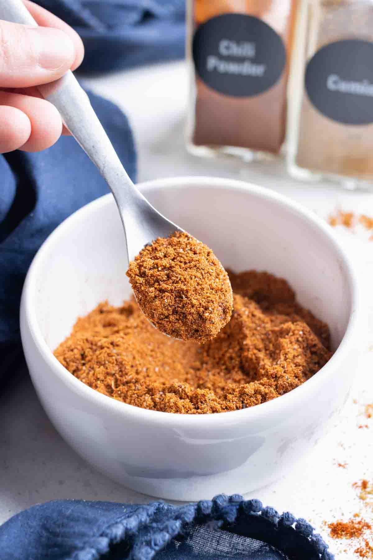 A bowl is used to hold this easy Fajita Seasoning.