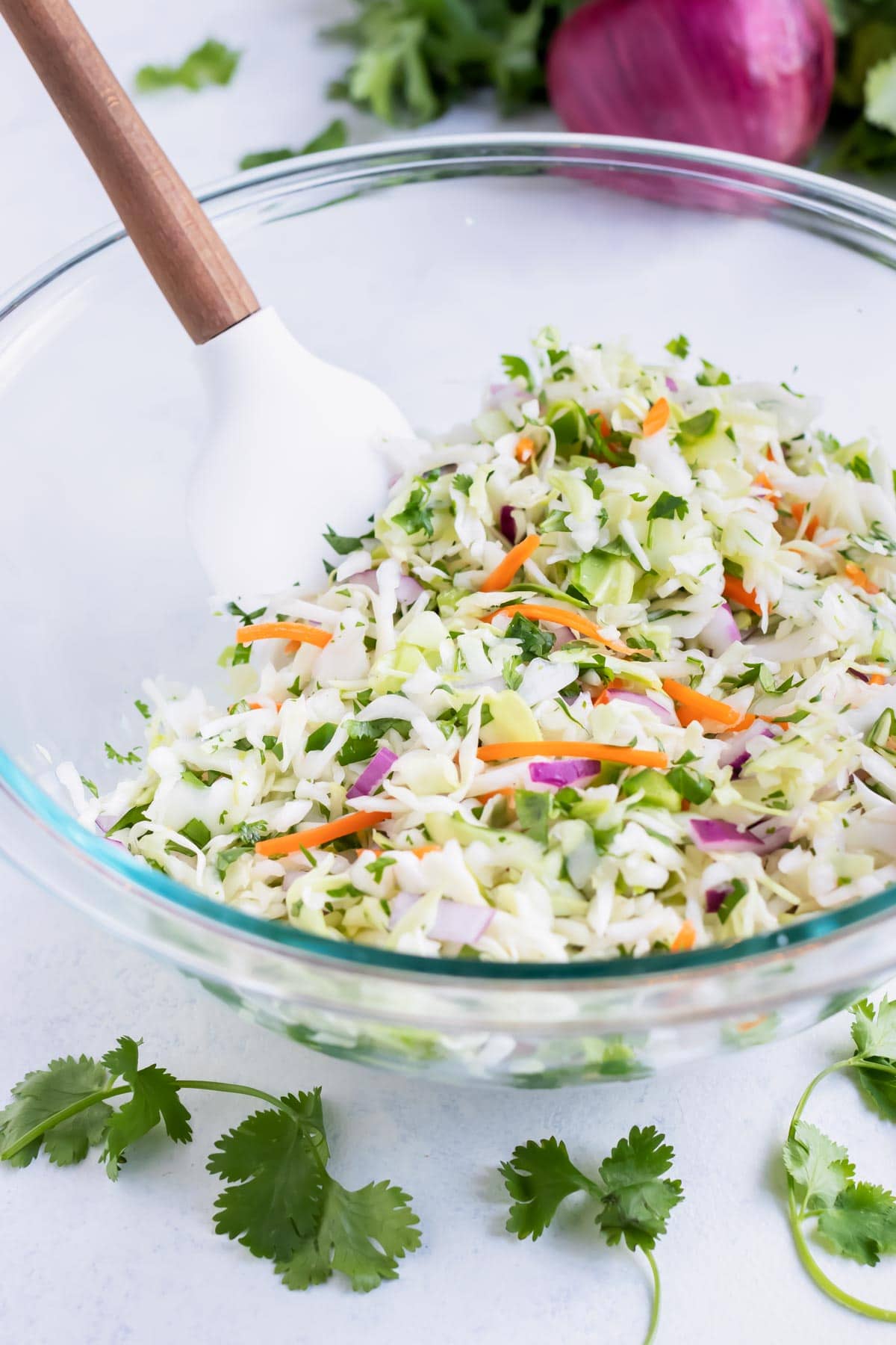 All the ingredients are combined for this Fish Taco Slaw recipe.
