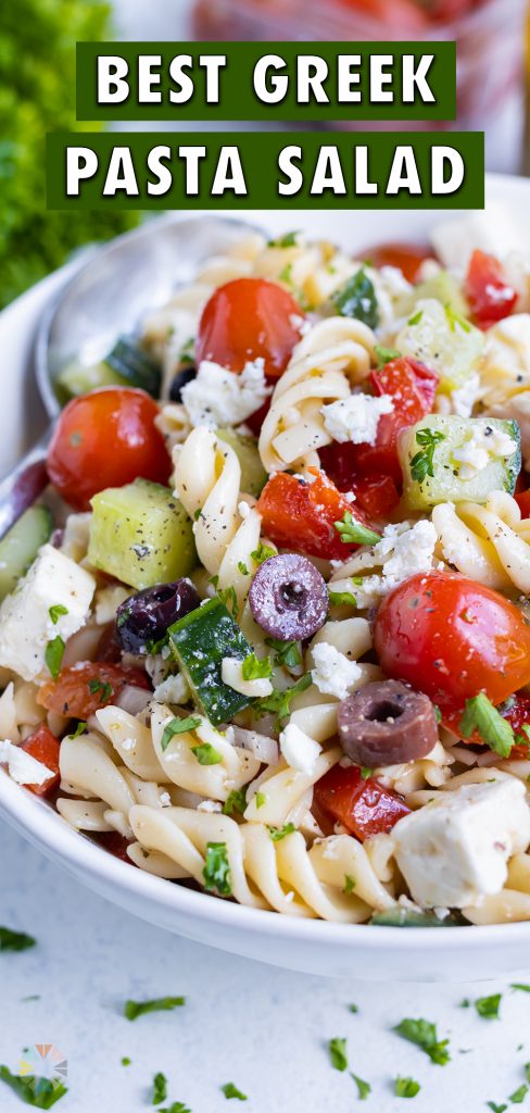 Pasta salad is shown in a white bowl for a gluten-free side.