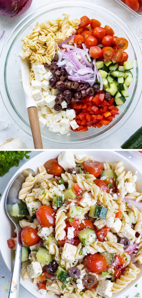 Greek pasta salad is loaded with feta cheese, olives, and a greek salad dressing.