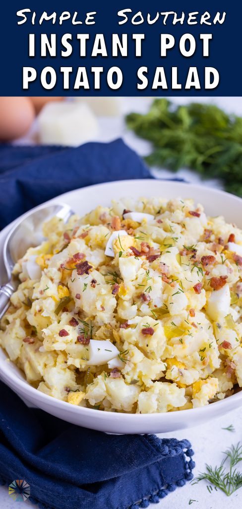 Southern potato salad is filled with tender potatoes, eggs, and bacon.
