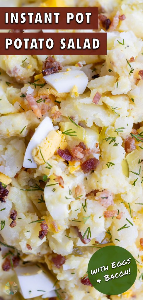 Instant pot potato salad is served at a picnic from a white bowl.