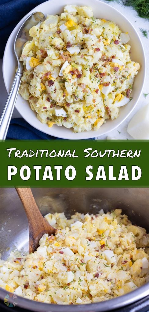 A white bowl is filled with southern potato salad.