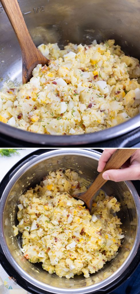 A hand is shown combining the potato salad with a wooden spoon.